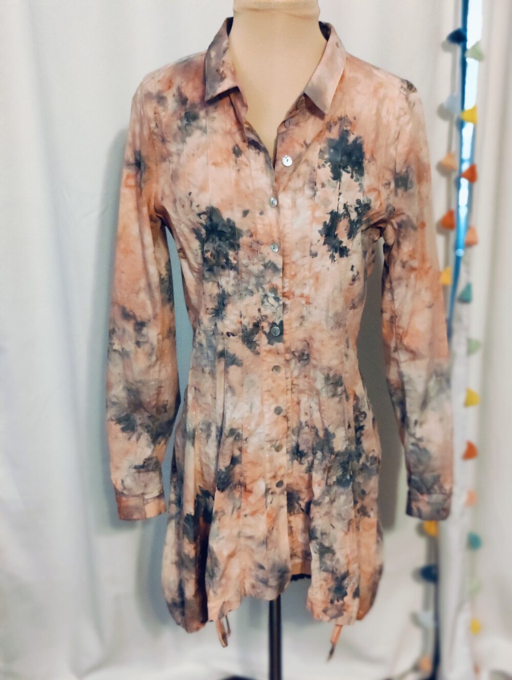 Annie Turbin art to wear Hand Dyed Crisp Mini Shirt Dress full button front SM
